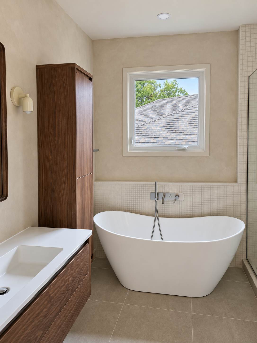 Salle de bain rénovée avec baignoire autoportante et mobilier en bois foncé