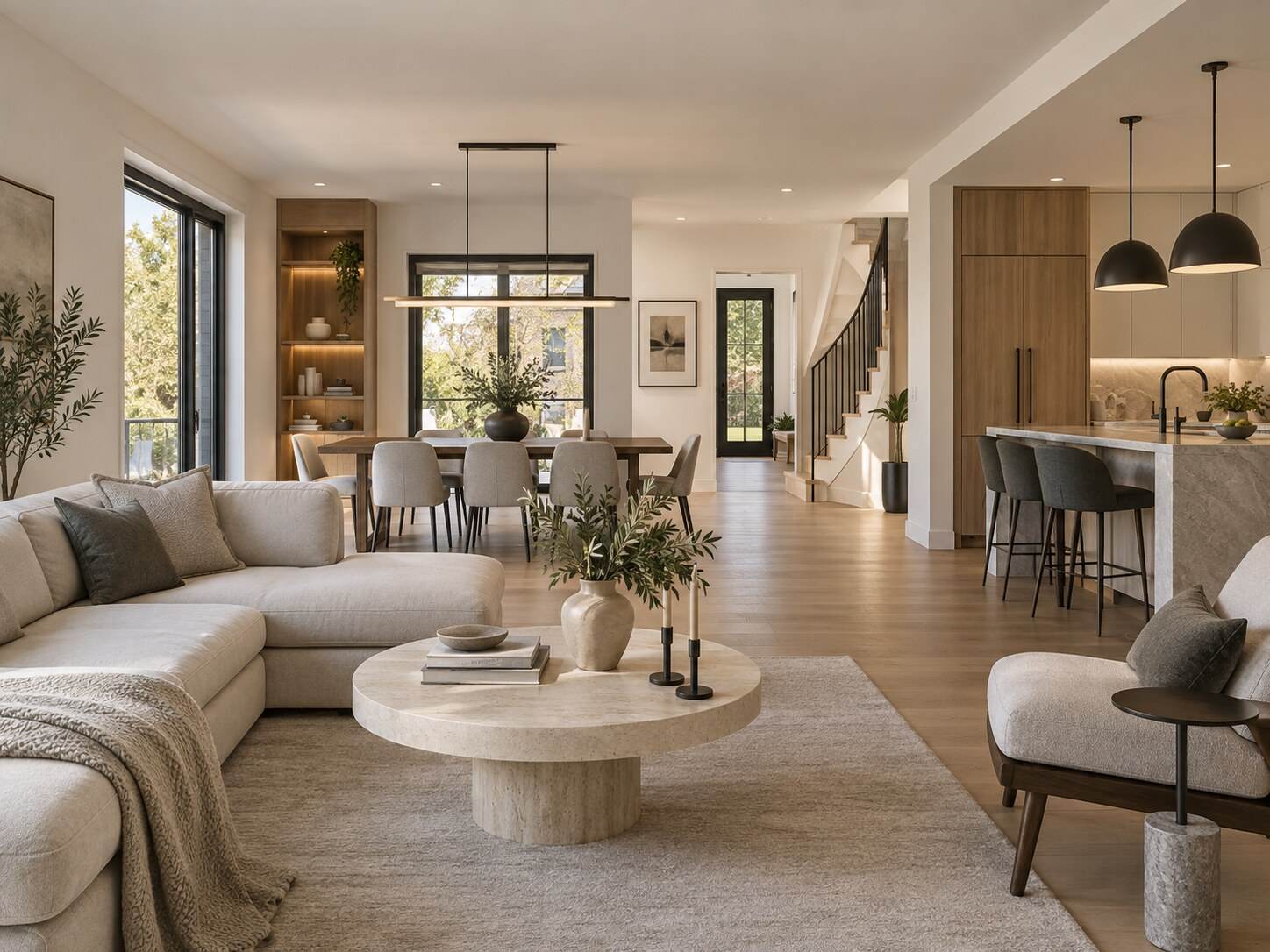 Concept visualization of a complete renovation connecting the living room, dining area and kitchen